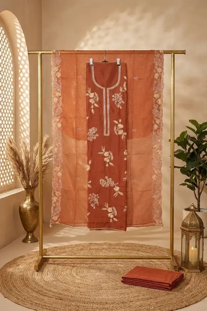Rust Organza Silk Embroidered Unstitched Salwar Suit Material