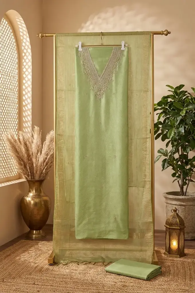 Pistachio Green Silk Embroidered Unstitched Dress Material