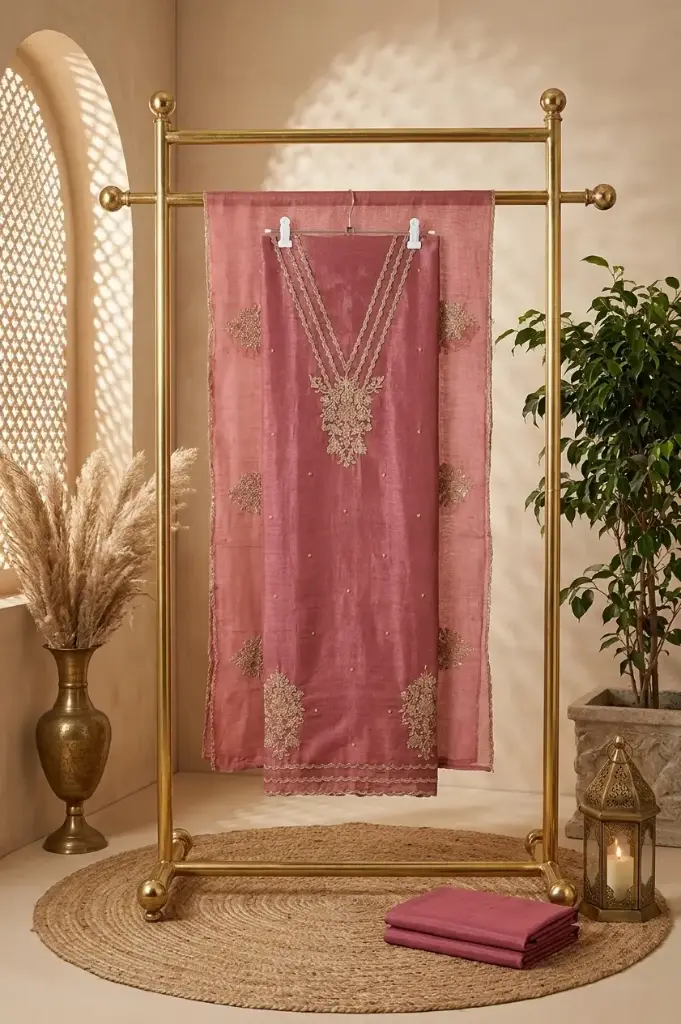 Dusty Rose Silk Unstitched Suit Material with Zardozi Embroidery