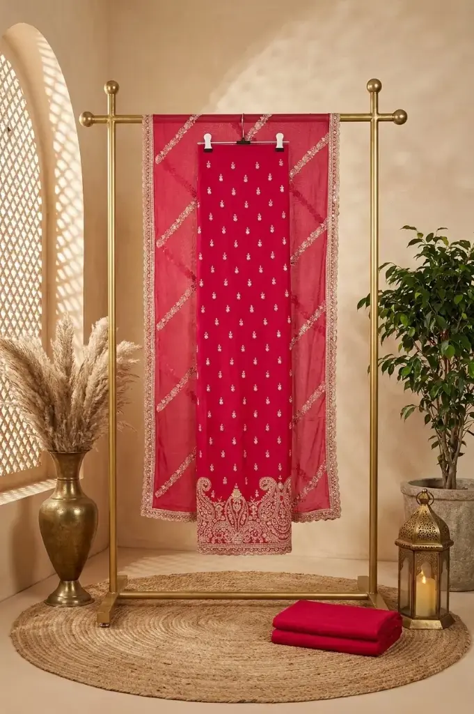 Rani Pink Embroidered Silk Unstitched Dress Material Suit Set