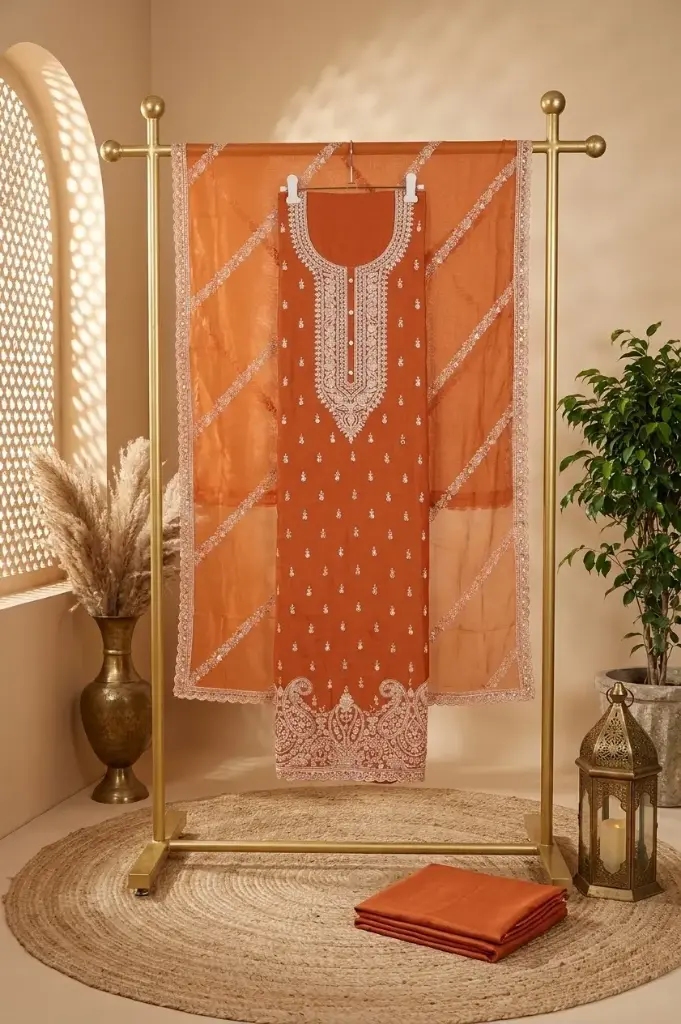 Rust Orange Embroidered Chanderi Silk Unstitched Suit Material