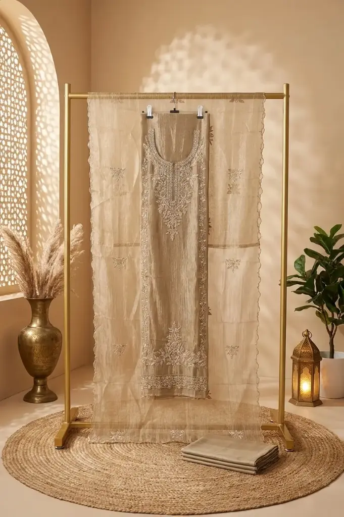 Champagne Gold Tissue Silk Embroidered Unstitched Suit Material