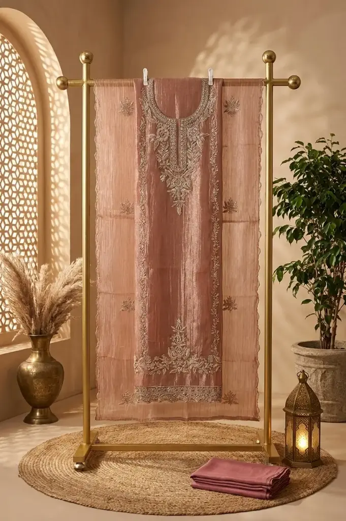 Dusty Rose Tissue Silk Embroidered Unstitched Suit Material 