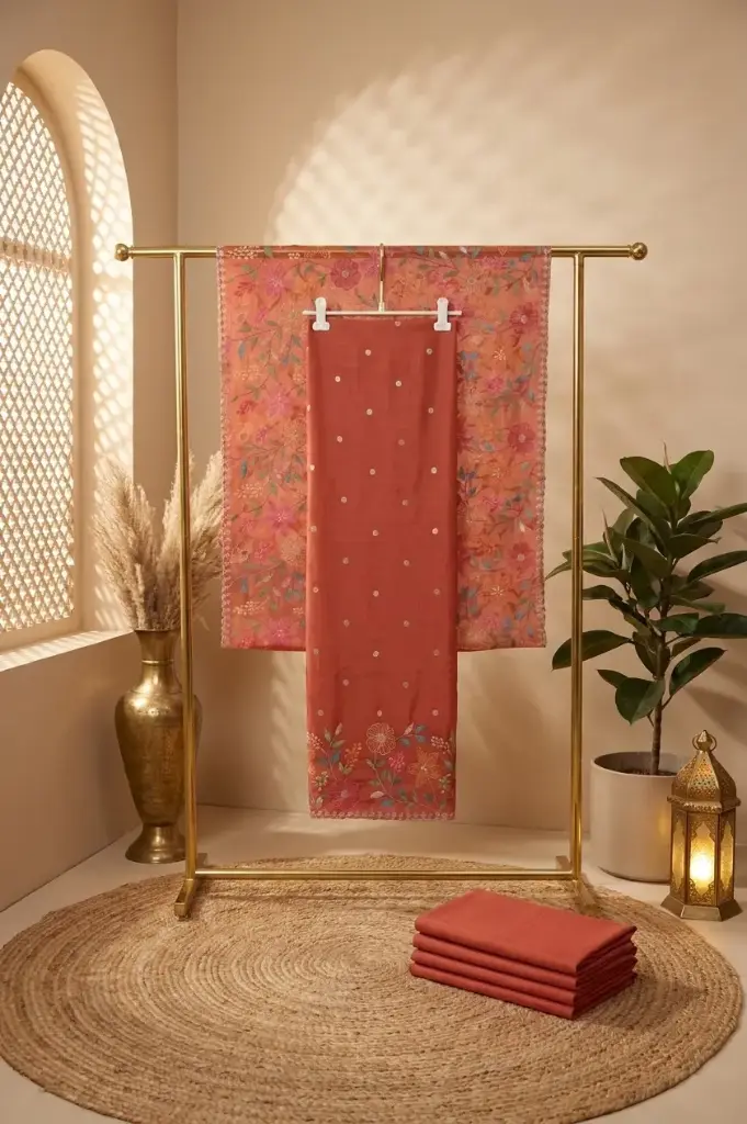 Rust Handloom Silk Floral Embroidered Unstitched Dress Material