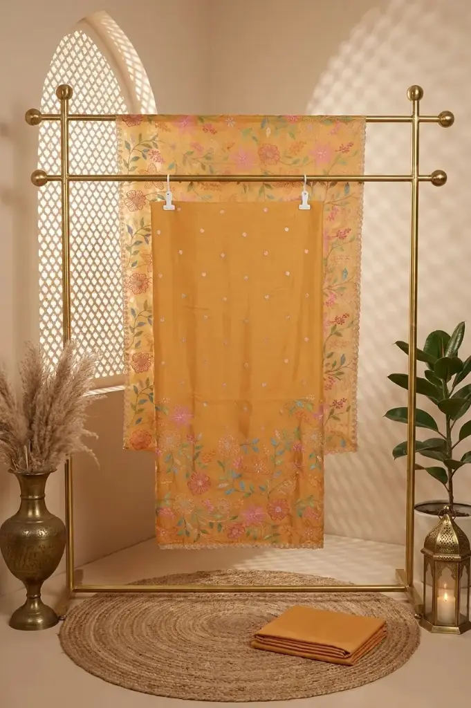 Mustard Yellow Silk Unstitched Suit with Floral Embroidery