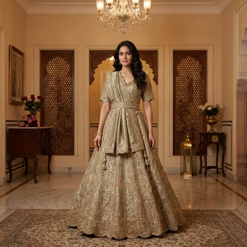 Sage Green Metallic Tissue Embroidered Bridal Lehenga Choli Set