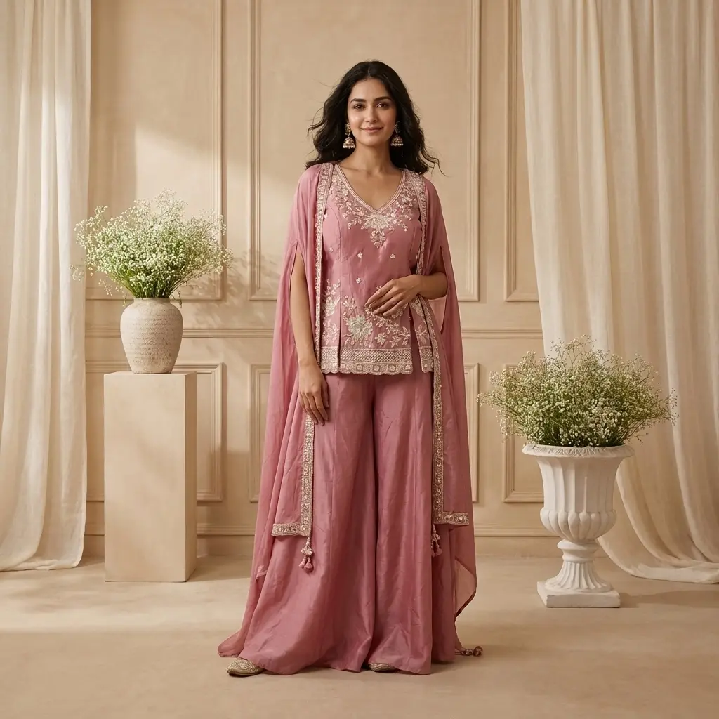 Dusty Rose Embroidered Peplum Top with Sharara Set