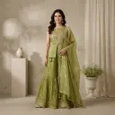 Olive Green Tissue Embroidered Peplum Top with Sharara Set 