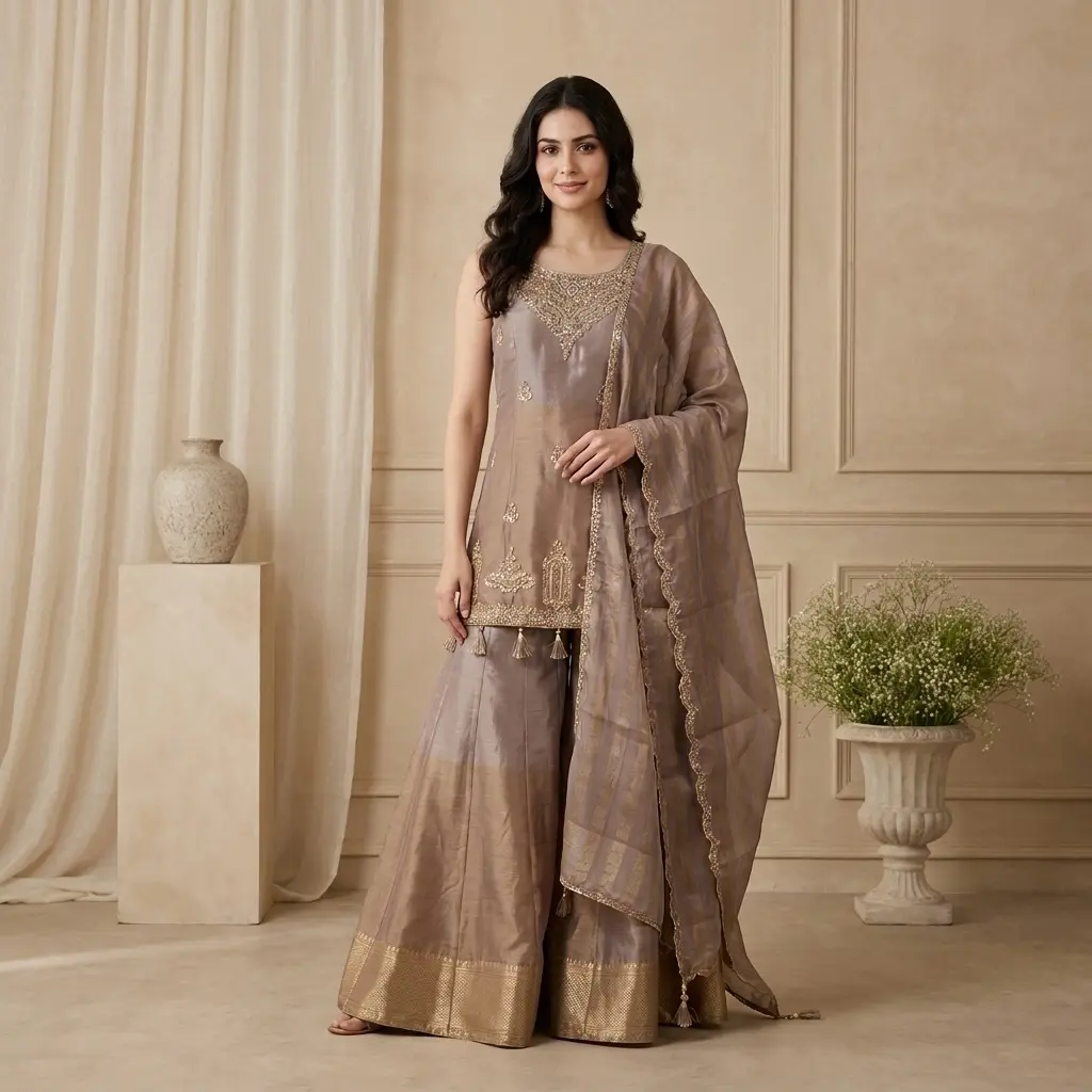 Metallic Mauve Tissue Kurti Sharara Set with Dupatta
