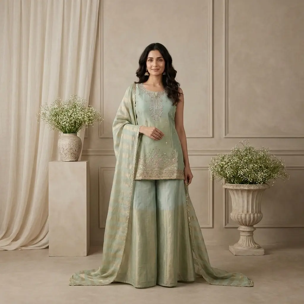 Sage Green Shimmer Tissue Kurti Sharara Set with Dupatta