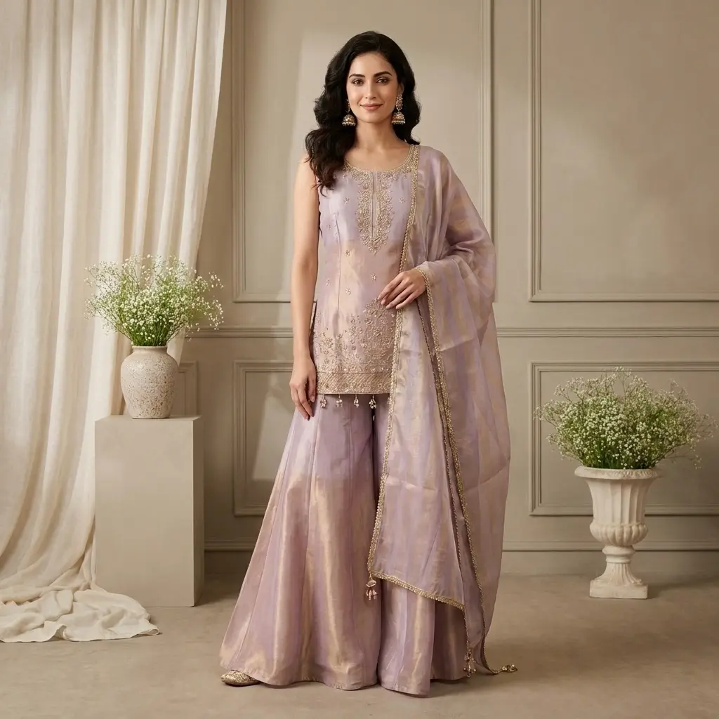 Lilac Tissue Silk Embroidered Kurti Sharara Set with Dupatta 