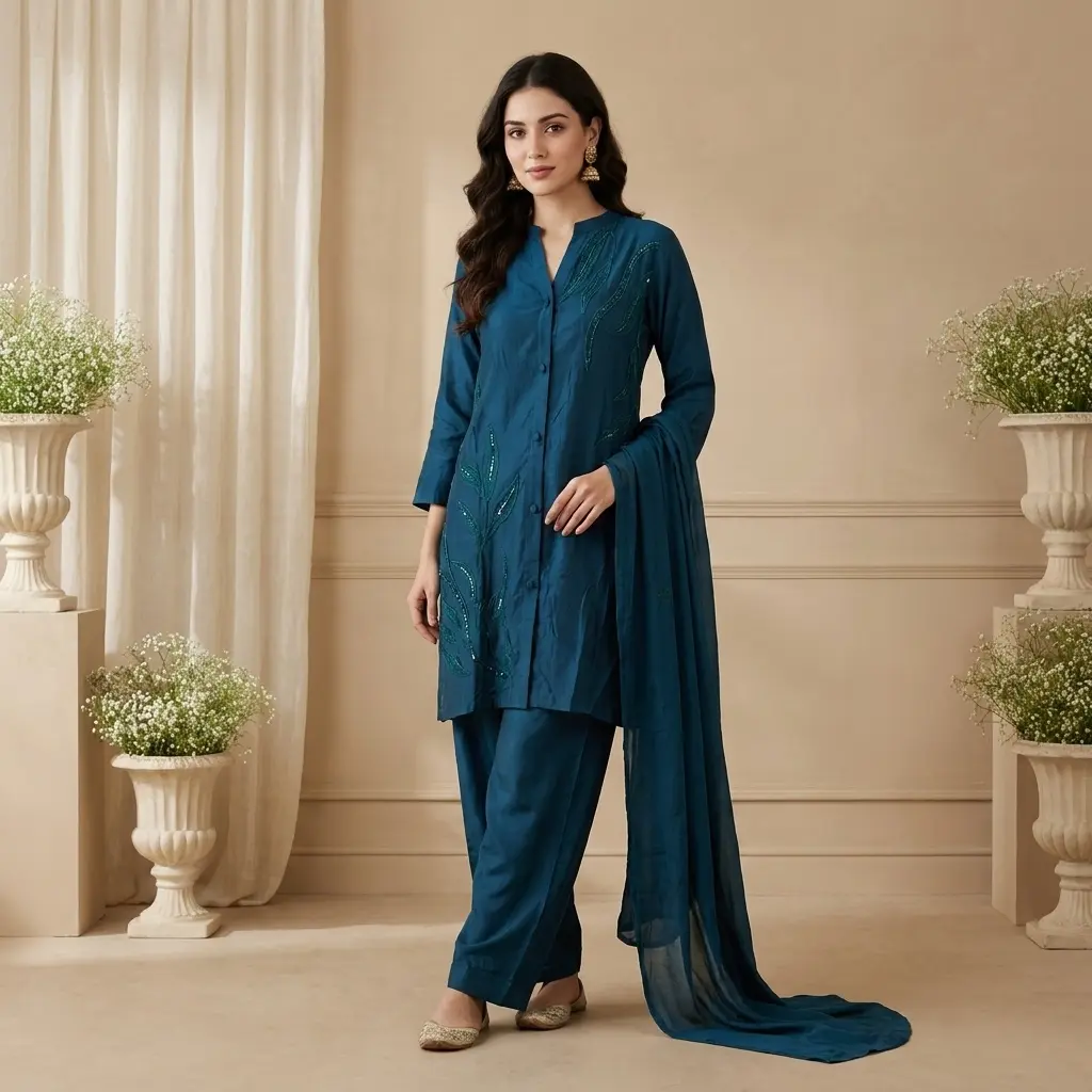 Teal Blue Silk Indo-Western Kurti and Trouser Set 