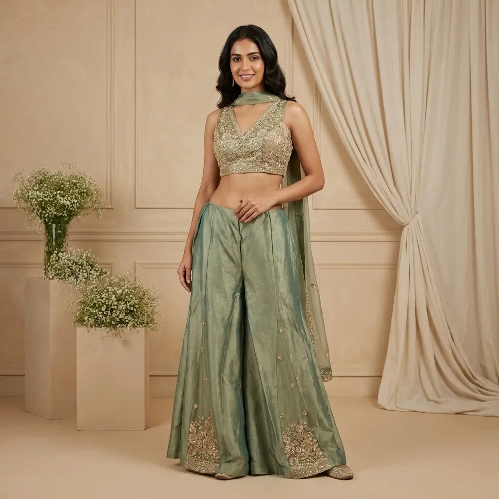 Sage Green Shimmer Tissue Embroidered Crop Top Sharara Set