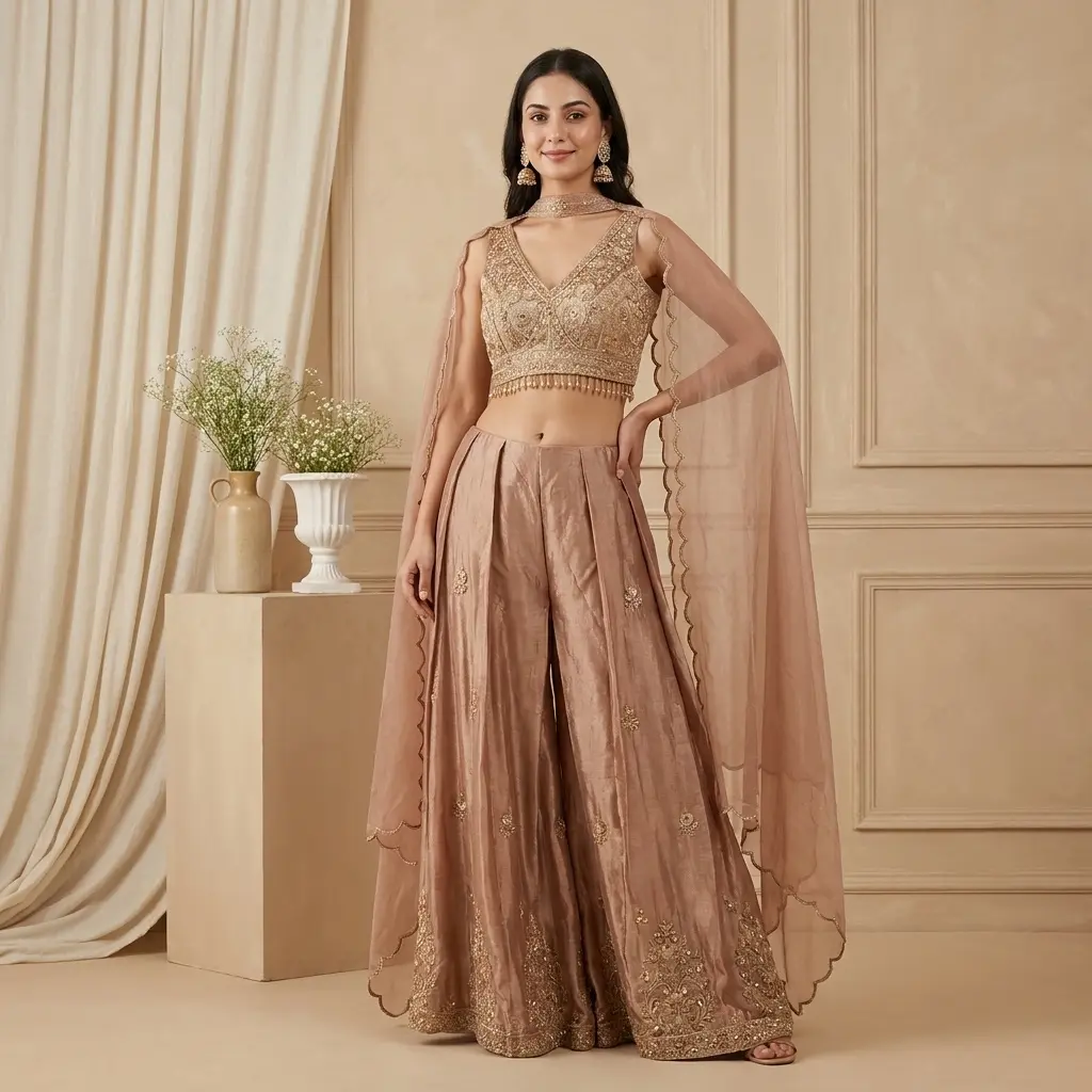 Rose Gold Metallic Tissue Crop Top and Flared Sharara Set