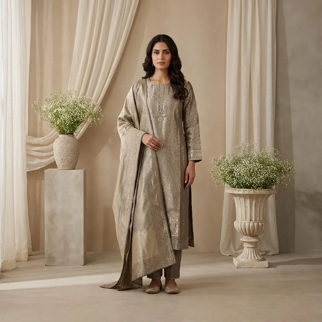 Metallic Beige Brocade Silk Stitched Kurti Suit Set