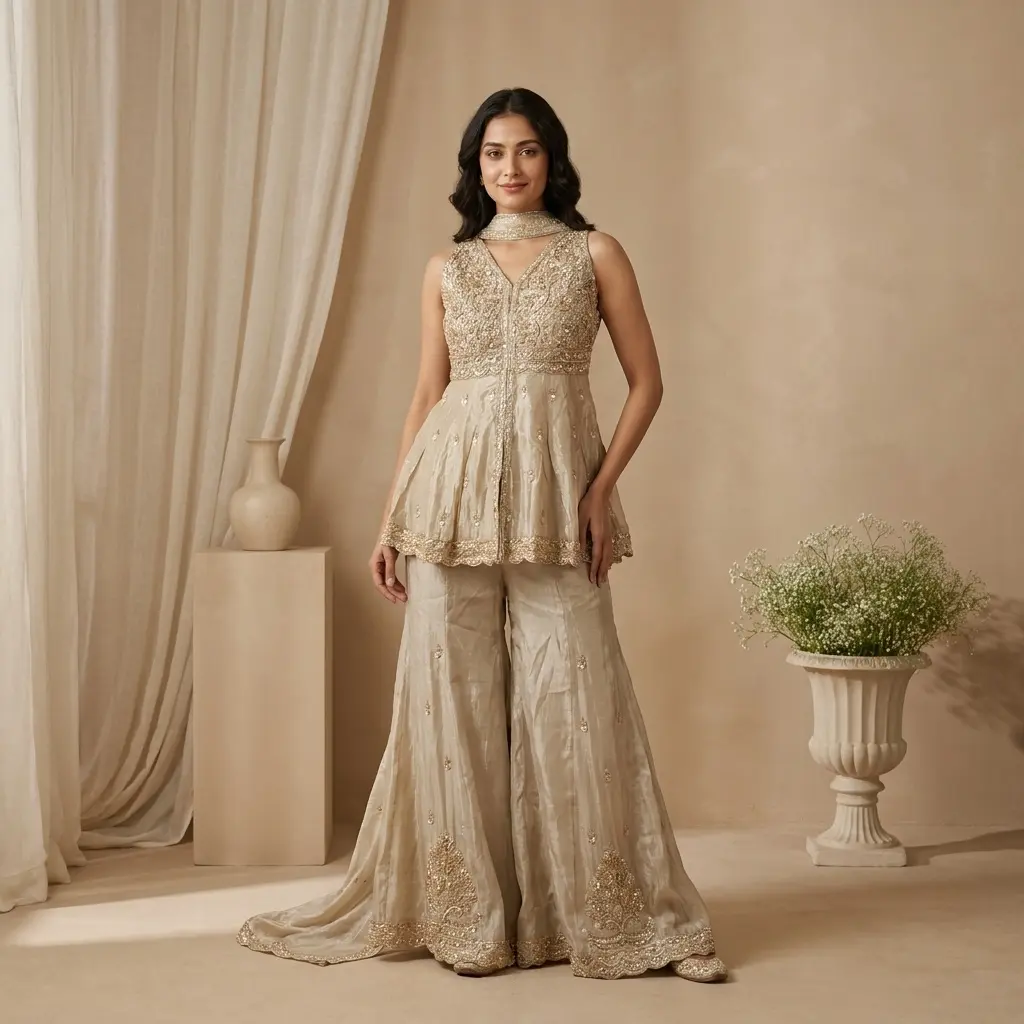 Champagne Gold Tissue Peplum Top with Sharara Set