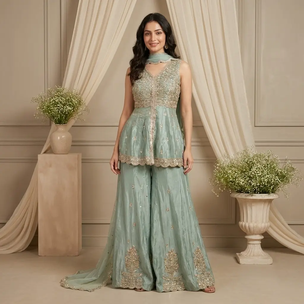 Sea Green Tissue Silk Embroidered Peplum Sharara Set