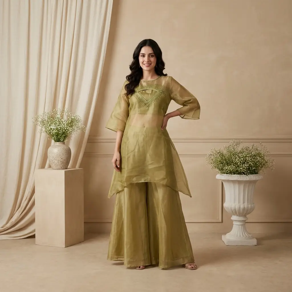 Olive Green Tissue Organza Embellished Tunic Sharara Set 