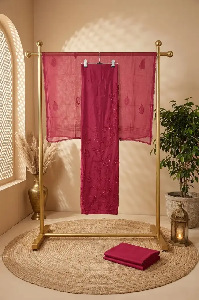 Magenta Pink Embroidered Silk Unstitched Suit Material Set
