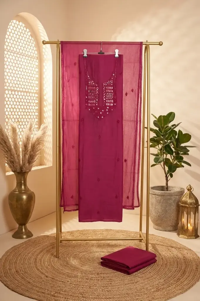 Magenta Pink Mirror Work Unstitched Salwar Suit Material