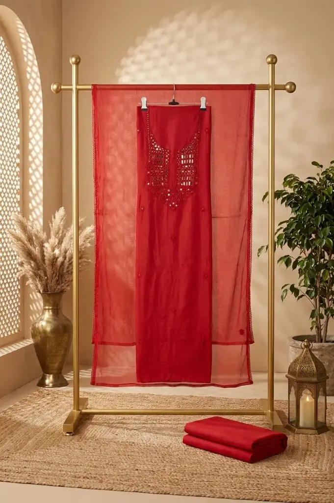 Crimson Red Chanderi Silk Unstitched Mirror Work Suit Set