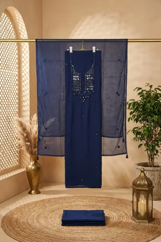 Navy Blue Mirror Work Silk Unstitched Dress Material