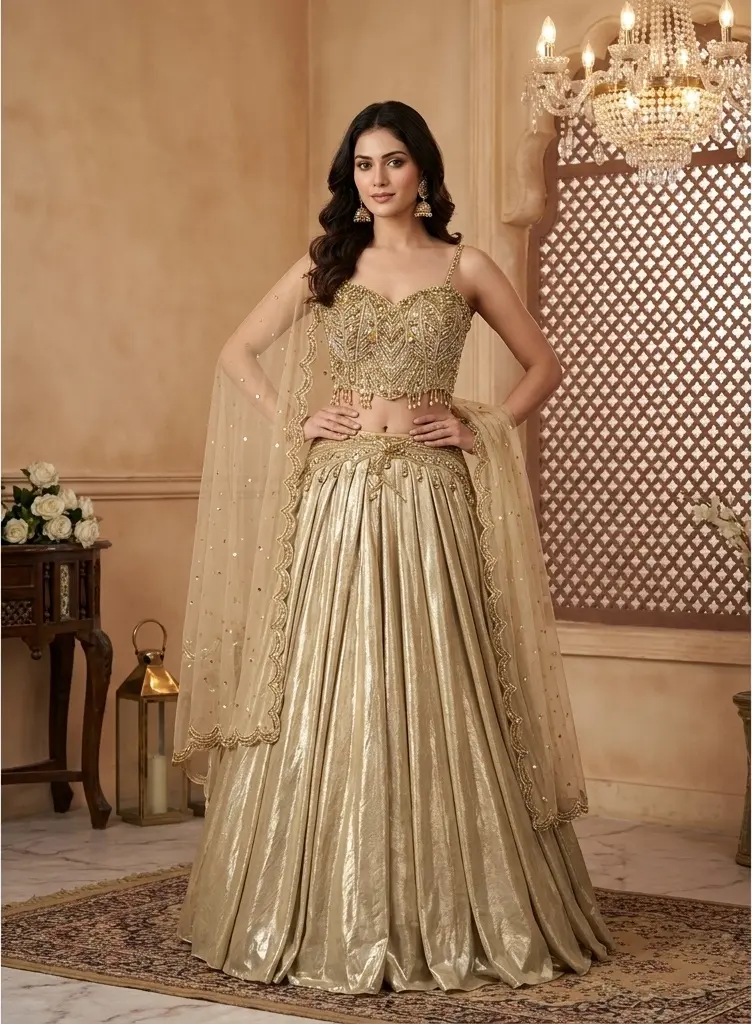 Metallic Champagne Gold Heavily Embellished Indo-Western Lehenga Set 