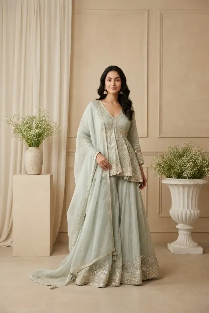 Sage Green Handcrafted Peplum Kurti with Sharara and Dupatta