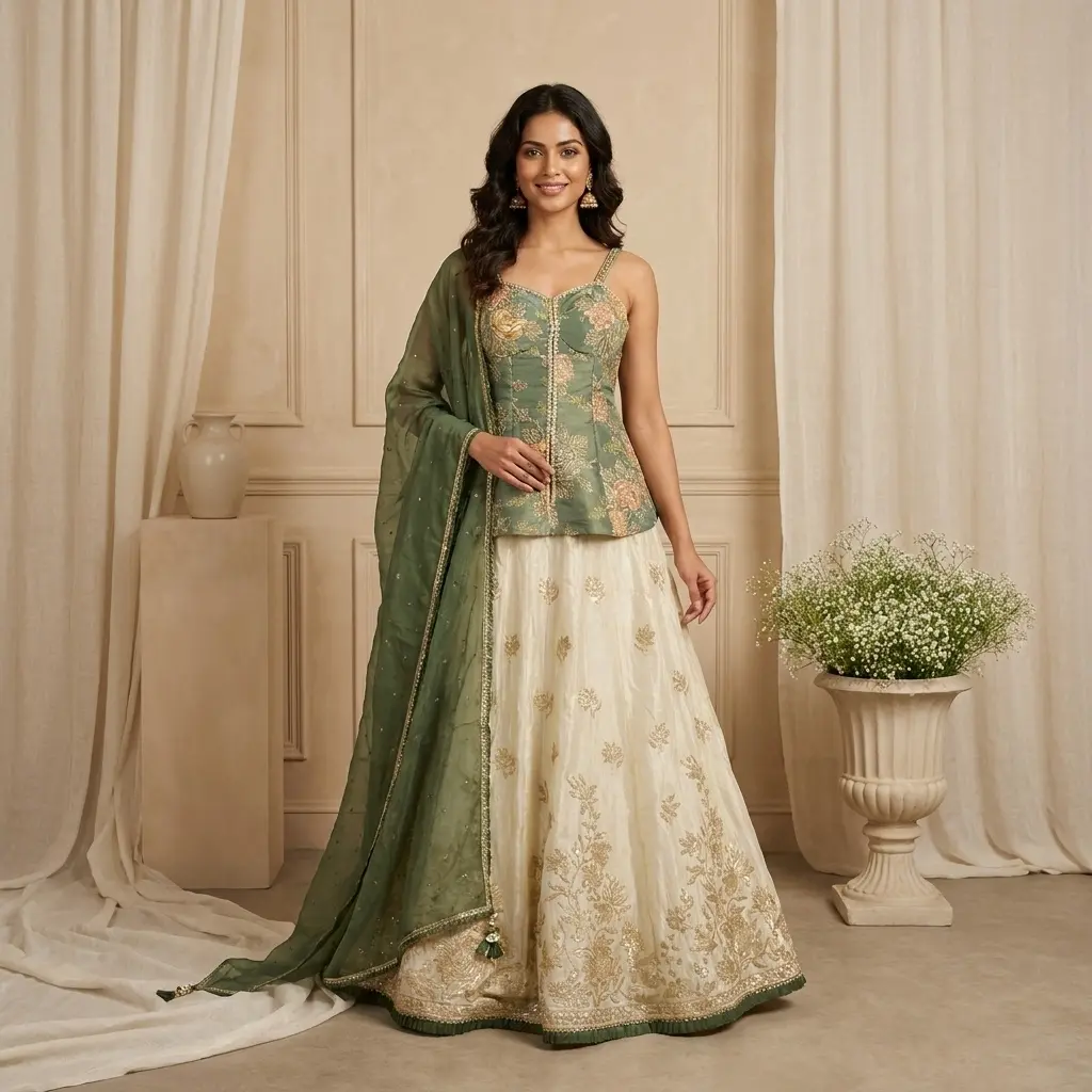 Sage Green and Cream Embroidered Corset Peplum Skirt Set