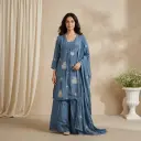 Dusty Blue Silk Pintuck Kurti with Pants and Dupatta