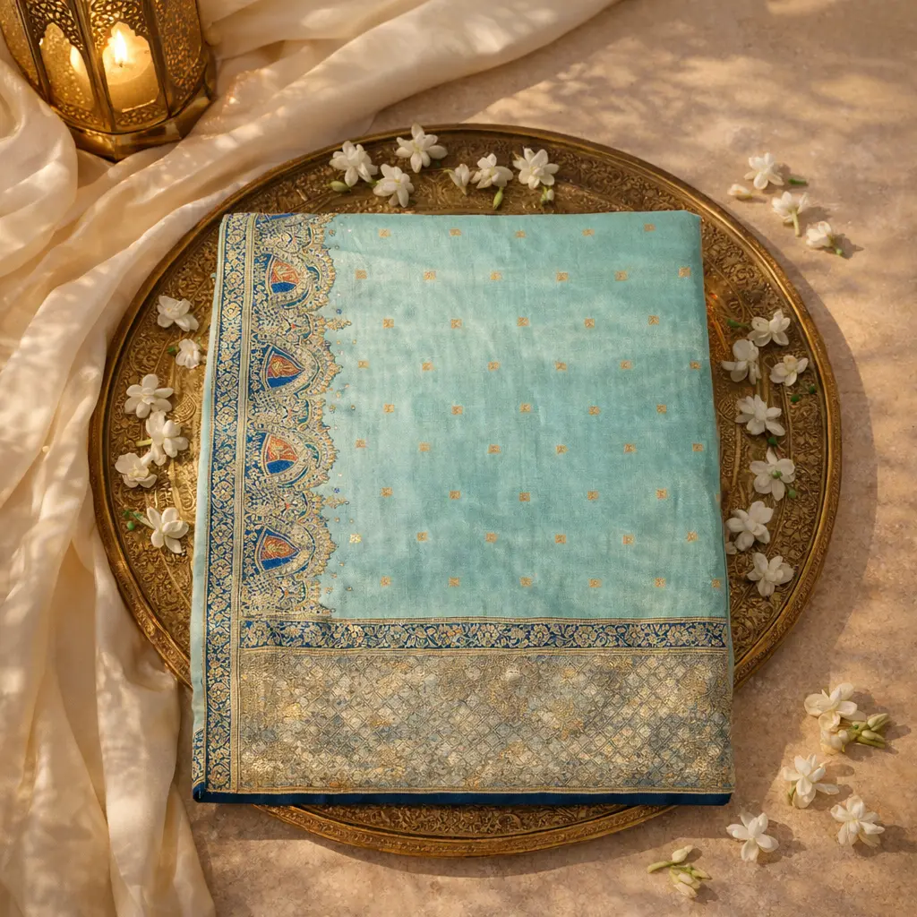Elegant Aqua Blue Zari Embroidered Saree