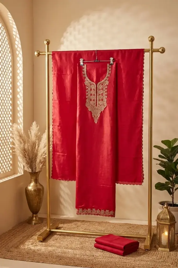 Crimson Red Handloom Silk Unstitched Suit Material Set