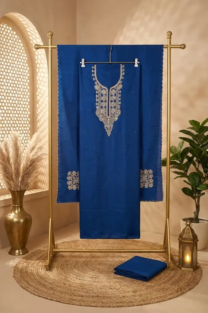 Royal Blue Silk Embroidered Unstitched Suit Material Set