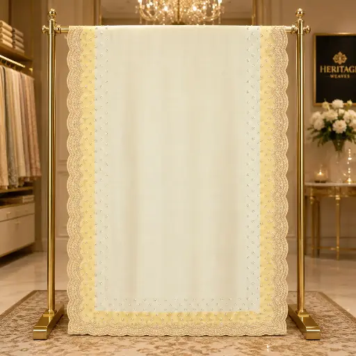 [76617001EC97E3] Womens Elegant Ivory Saree with Golden Sequin Work and Scalloped Embroidered Border