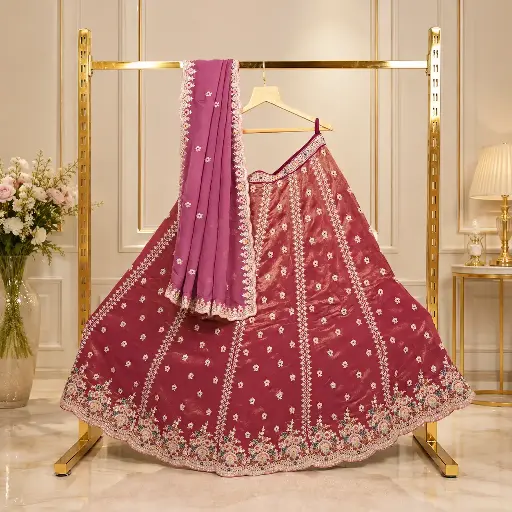 [93718001YM77E4] Women's Dusty Mauve Lehenga Choli with Floral Embroidery and Matching Dupatta
