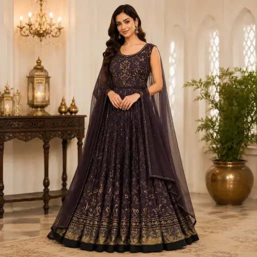 [03025034TS55B0] Elegant Purple & Gold Embroidered Anarkali Gown for Women with Net Dupatta