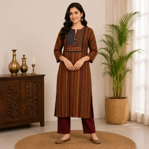 [DRESSES - 16300] Women's Rust Striped Kurti with Maroon Pant Set, Ethnic Straight Kurta Co-Ord Outfit