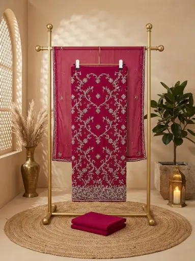 [00106001S30902] Magenta Embroidered Georgette Unstitched Dress Material Suit Set