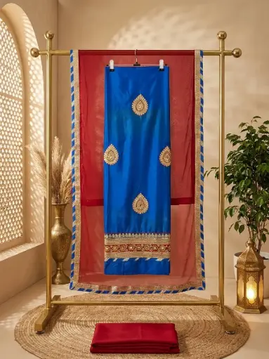 [00106001S55802] Royal Blue and Crimson Red Silk Unstitched Dress Material