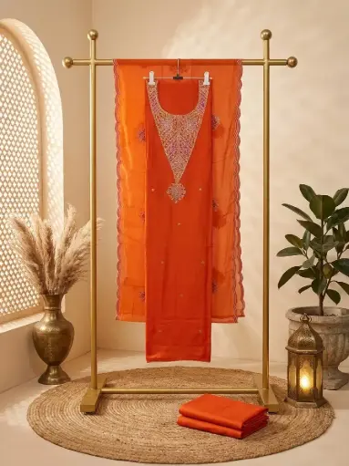[09406001EH44E4] Tangerine Orange Embroidered Silk Unstitched Suit Material Set