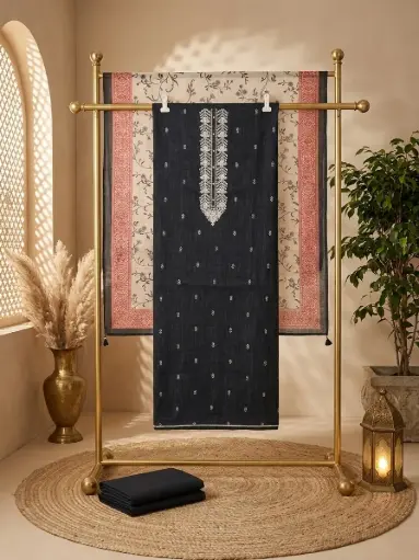 [09406001FT03E1] Black Embroidered Cotton Silk Unstitched Dress Material Suit Set