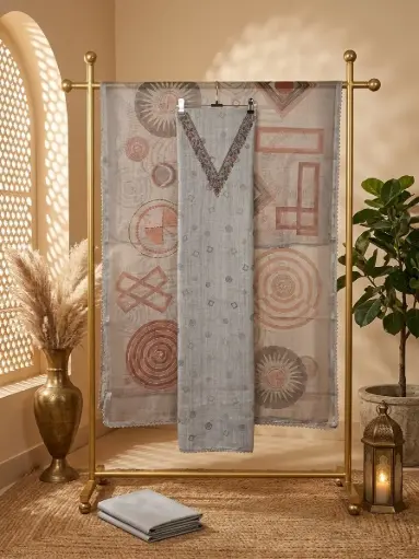 [09406001FT20E1] Contemporary Grey Printed Linen Unstitched Suit Material Set