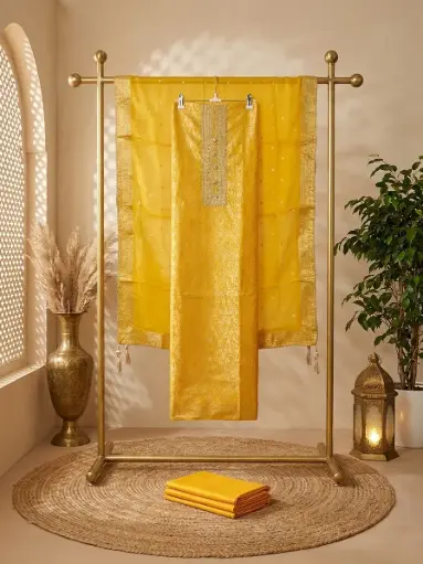 [09406001FY56E2] Sunshine Yellow Banarasi Silk Unstitched Suit Material Set 