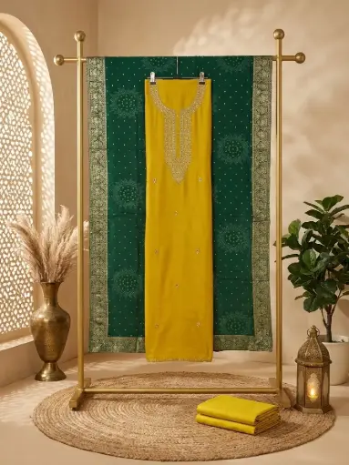 [09406001II31E2] Yellow n Green Embroidered Unstitched Silk Dress Material
