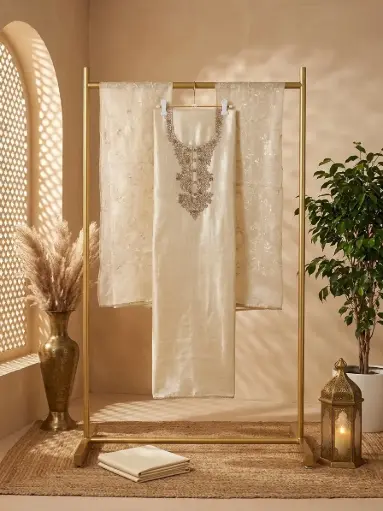 [09406001KC24E6] Ivory Tissue Silk Unstitched Suit Material with Embroidered Neckline 