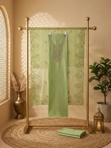 [09406001KT16E2] Pistachio Green Embroidered Chanderi Silk Unstitched Suit Material