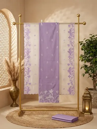 [09406001OW99E1] Lavender Embroidered Cotton Unstitched Dress Material Suit Set