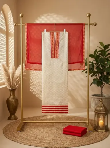 [22206001NZ8869] Cream and Red Woven Chanderi Silk Unstitched Suit Material