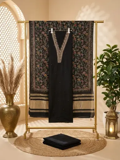 [41006001GB35C7] Black Embroidered Silk Unstitched Dress Material Suit Set