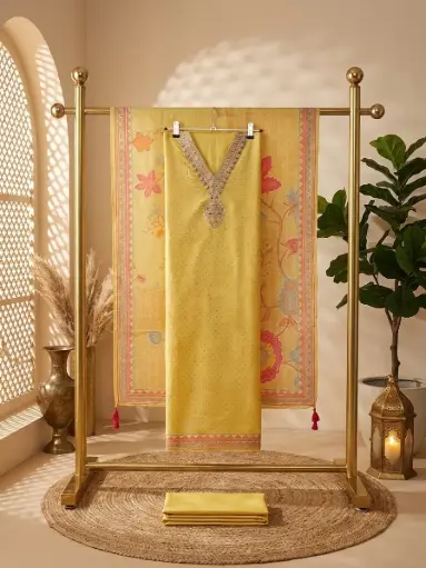 [41006001GB44C7] Yellow Printed Silk Blend Unstitched Dress Material